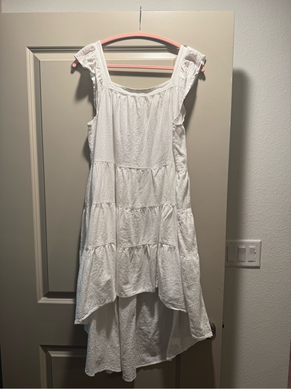 White XL 100% Cotton Tiered High Low Maxi Dress Pockets